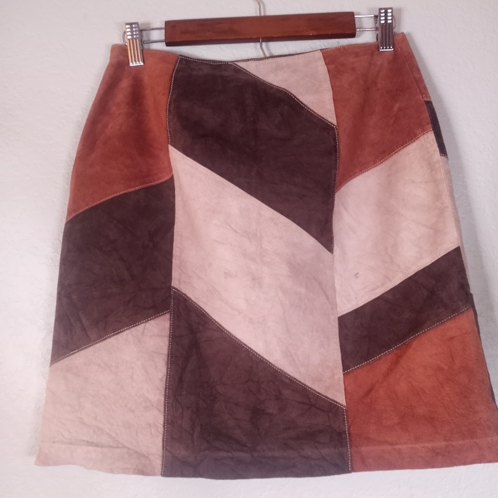 Apostrophe Leather Suede Patchwork Retro 70s Style Tan Brown Hippie Boho Skirt 8 - Picture 6 of 13